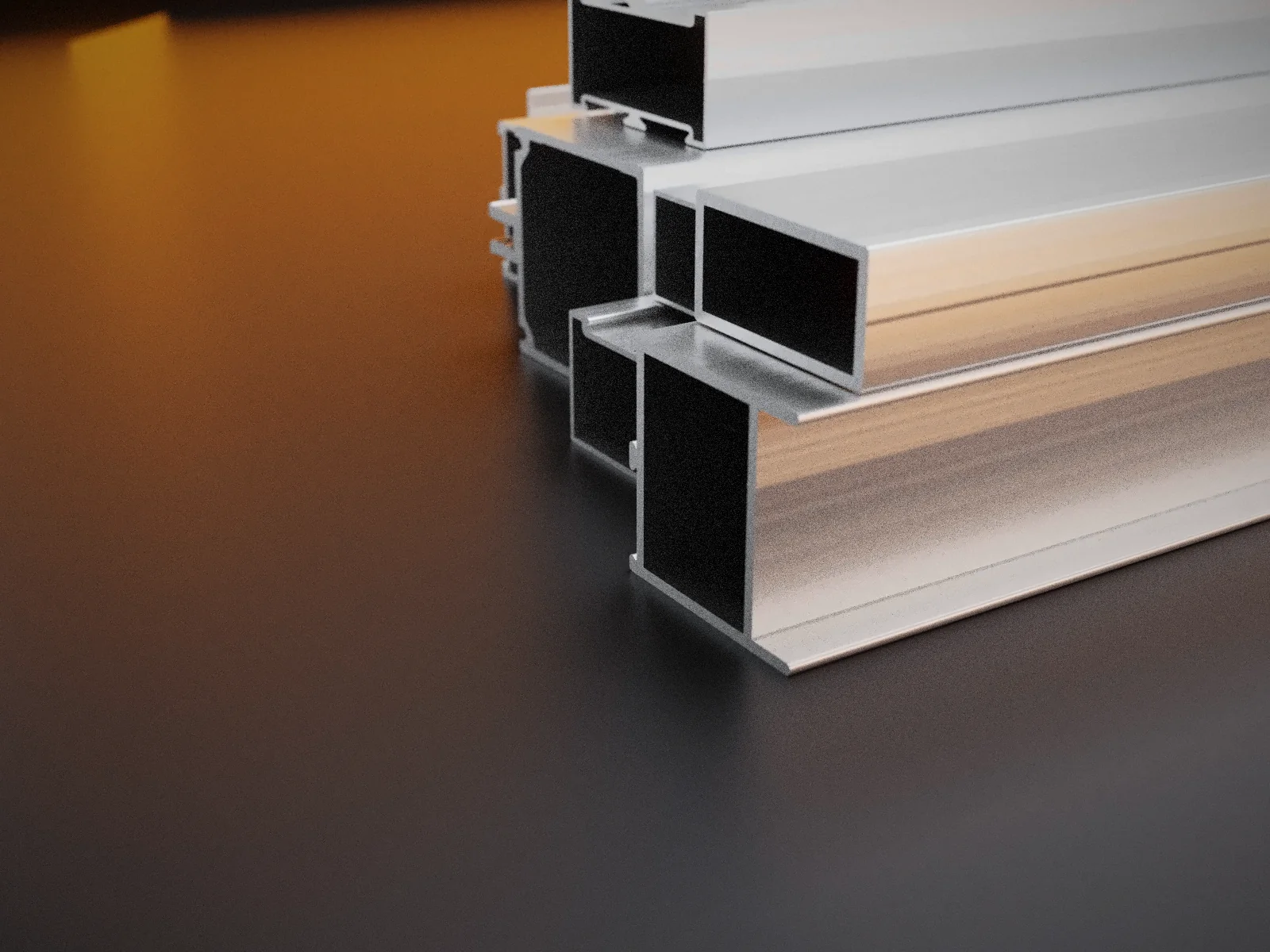 A stack of extruded aluminium sections seen from the cut ends