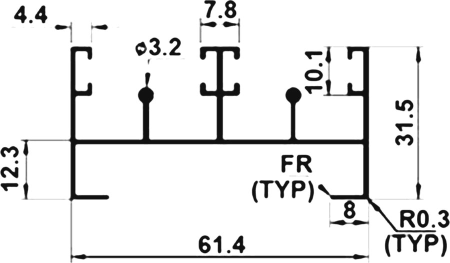 Cross-section drawing of the Two Track Bottom, 18 mm series section