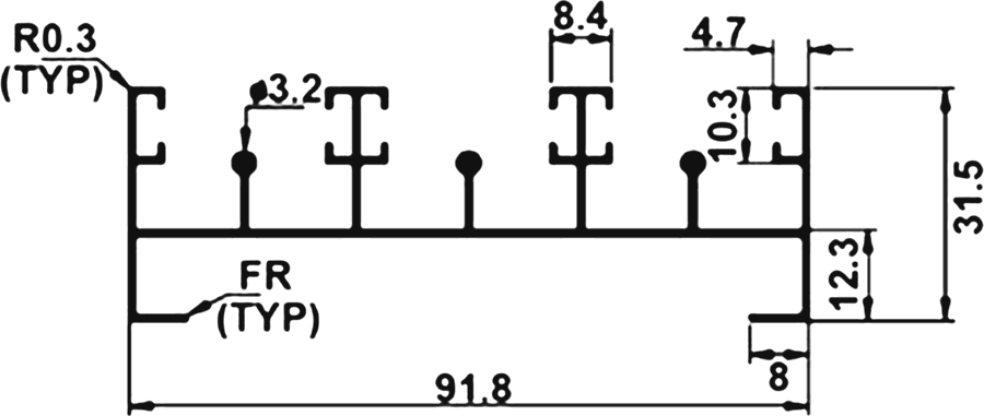 Cross-section drawing of the Three Track Bottom, 18 mm series section